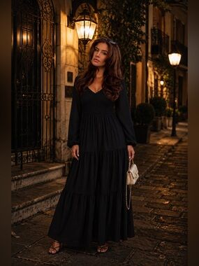 Charleston After Dark Maxi Dress | Black Smocked Tiered Maxi Dress S-L